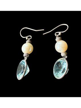 925 Sterling Silver Blue Topaz Pearl Gemstone Dangle Earrings 1.5”